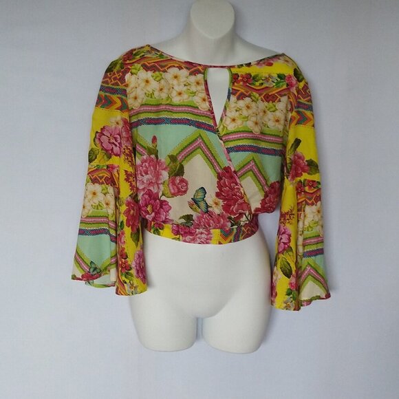 Farm Rio Tropical Printed Top Bell Sleeves Size G Large Wrap - Picture 1 of 3